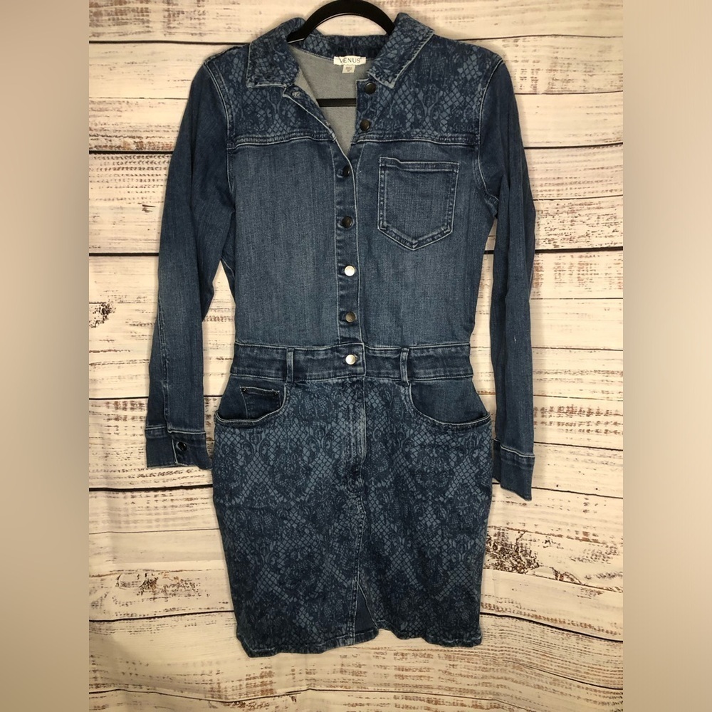 Lace Print Denim Mini Dress - Picture 3 of 16